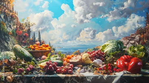 Transform a traditional oil painting into a surreal culinary landscape in virtual reality Play with distorted proportions and whimsical elements, giving viewers a fresh take on food art photo
