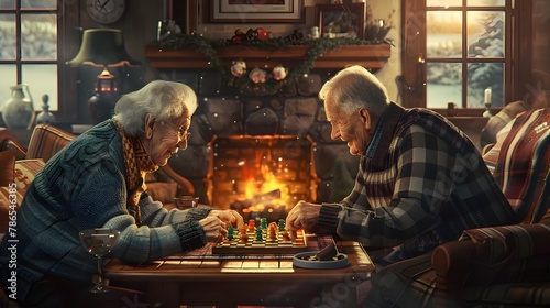 Elderly Couple Enjoying a Friendly Game of Checkers in Their Cozy Living Room with Warm Fireplace photo