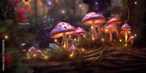 Enchanted forest scene with glowing mushrooms and floating lights bookConcept: enchanted forest, magical, fantasy, fairy tale, mystical