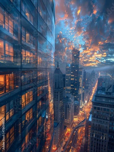 Dreamlike city with floating roads, cars soaring amid skyscrapers at twilight, creating an ethereal scene