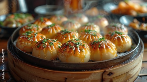 Chinese steamed meat buns ready to eat on a serving plate and steamer, close up photo