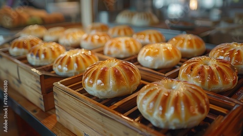 Chinese steamed meat buns ready to eat on a serving plate and steamer, close up