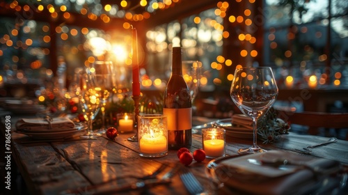 Set of New Year s table settings with bokeh on wooden table.