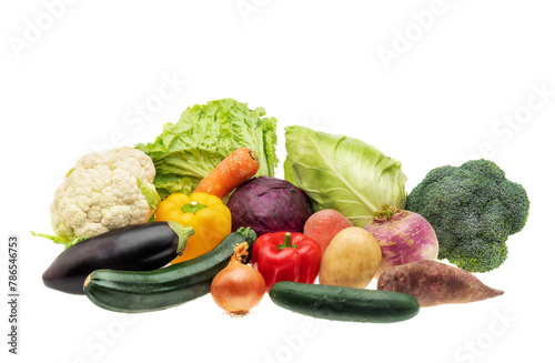 Set of fresh vegetables on white isolated background close-up for vegetarian cooking.