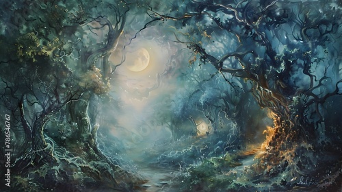 Enchanted Moonlit Forest Path Leads to Glowing Cave Entrance Shrouded in Mystic Mist and Ancient Lore photo