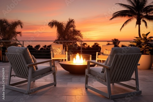 relax Luxurious patio setup with a fire pit overlooking a serene lakeside at sunset Concept  outdoor relaxation  luxury home  sunset view  elegant design  waterfront