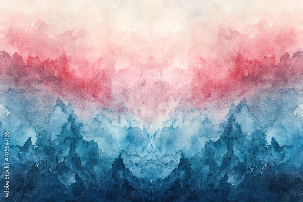 Fototapeta premium A painting of a mountain range with blue, red, and white colors