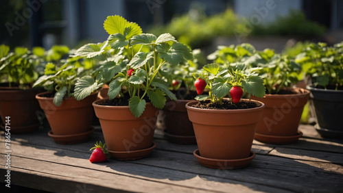 strawberry plants in pots