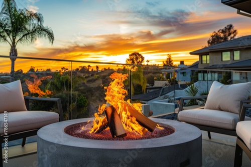 Outdoor modern fire pit in backyard with gray modern outdoor furniture, chairs, on the terrace of a residential building at sunset concept of relaxation rest and communication photo