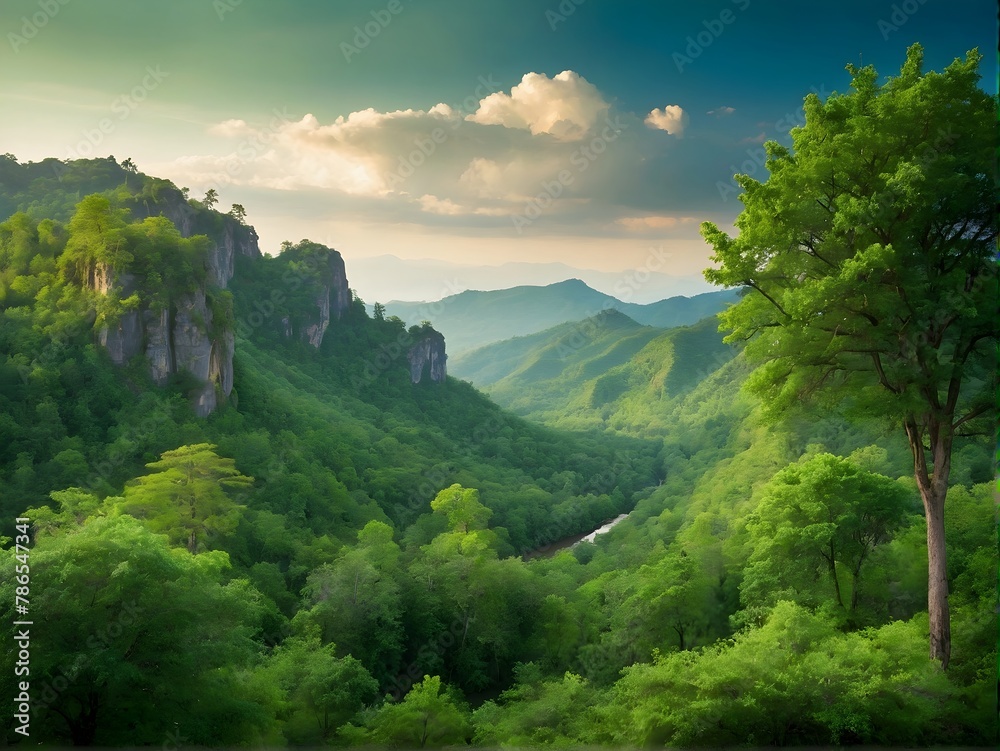 Lush green forest with mountains at sunset, a serene natural landscape
