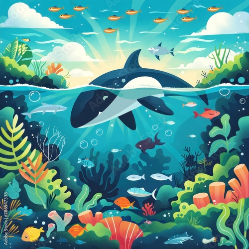 A colorful underwater scene with a large whale swimming in the middle
