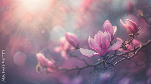 A branch of pink magnolia flowers with a blurry background.  