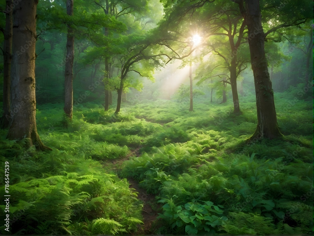 Fototapeta premium Lush green forest with mountains at sunset, a serene natural landscape