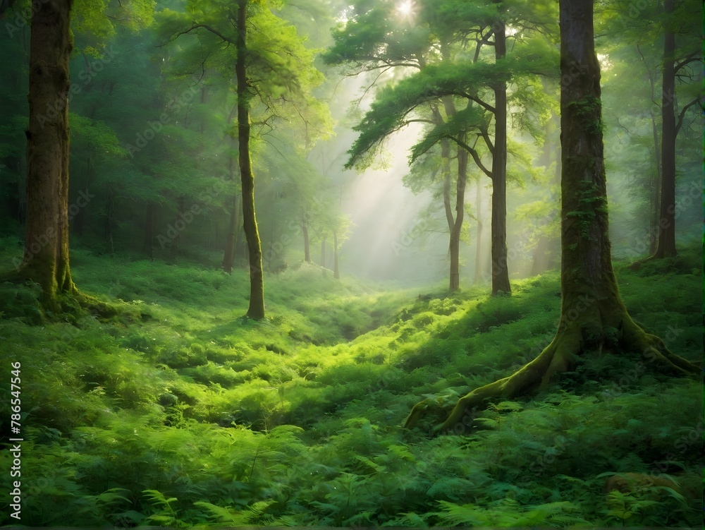 Obraz premium Lush green forest with mountains at sunset, a serene natural landscape