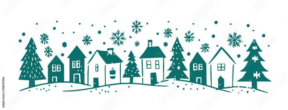 Christmas home and tree, Sketch, Pictogram Art, Black on white image	

