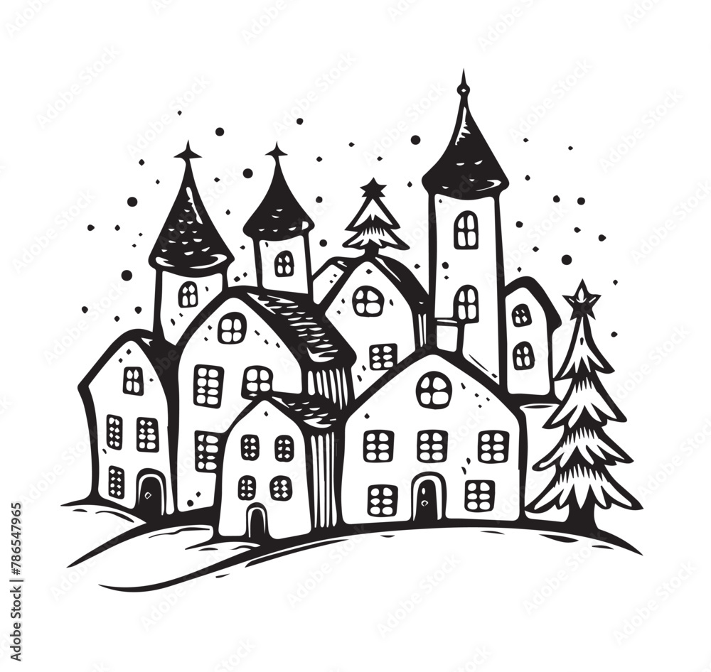 Christmas home, Sketch, Pictogram Art, Black on white image