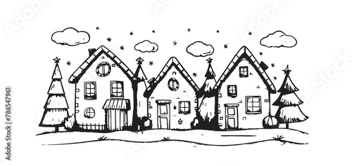 Christmas home, Sketch, Pictogram Art, Black on white image