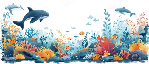 A colorful underwater scene with a variety of fish and a whale