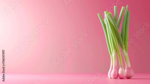 scallions A photorealistic illustration against pastel pastel pink background with copy space for text or logo, beautifully illuminated by studio lighting  photo