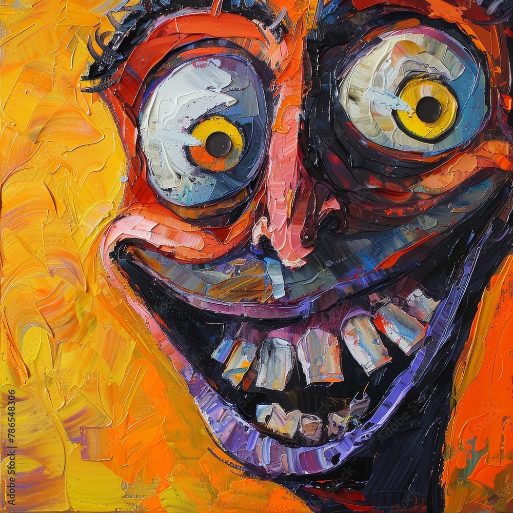Obraz premium Man with comically large eyes, an extreme smile, in surreal colors depicts exaggerated emotions portrait