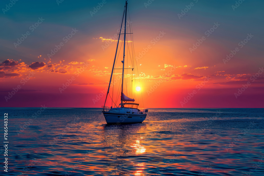 Fototapeta premium Sailboat sailing in ocean at sunset. Sea voyage