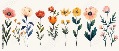 A row of flowers with different colors and sizes