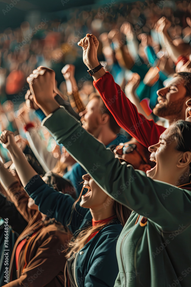 Crowd of sports fans cheering during a match in stadium. Excited people standing with their arms raised, clapping, and yelling to encourage their team to win
Crowd of sports fans cheering during a match in stadium. Excited people standing with their arms raised, clapping, and yelling to encourage their team to win
