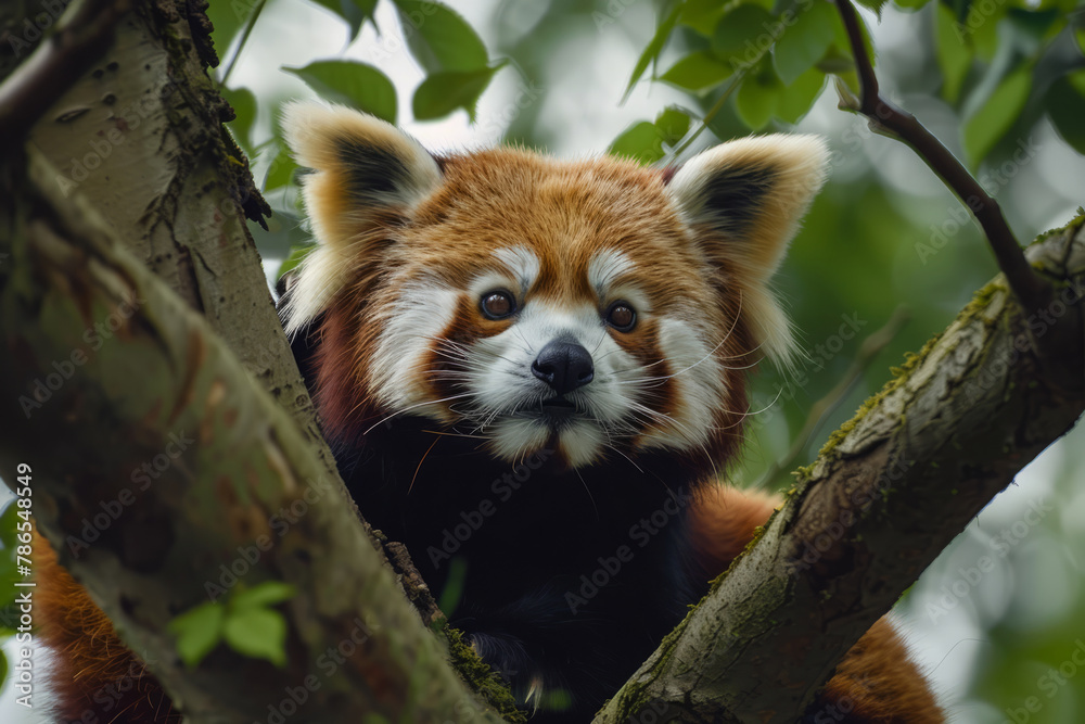 Red Panda on tree branch in forest habitat. Endangered animal in wildlife. Cute lazy bear with funny muzzle Red Panda on tree branch in forest habitat. Endangered animal in wildlife. Cute lazy bear with funny muzzle