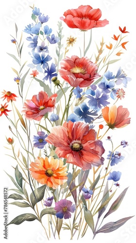 A painting of a field of flowers with a blue and white background