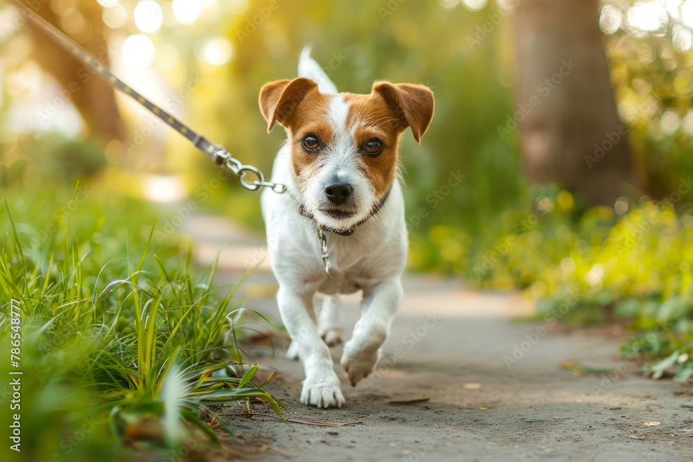 Small dog with collar and leash walking in park at morning