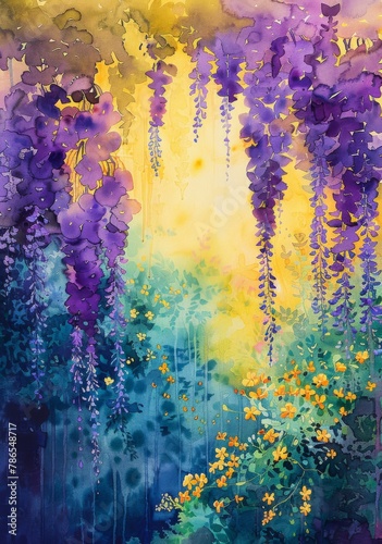 A tranquil flower garden painted in soft hues of Wisteria purple, melon green, and lemon yellow using minimalist 1D watercolor techniques. Evokes a sense of tranquility and spaciousness