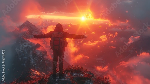 A person standing with arms outstretched on a mountain top, overlooking a breathtaking sunrise