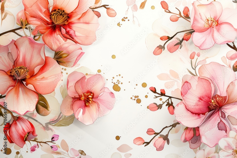 A watercolor painting of pink flowers with gold accents