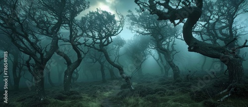 Exaggerated movements of trees dancing in a storm, branches swaying rhythmically, dynamic, stormy forest scene photo