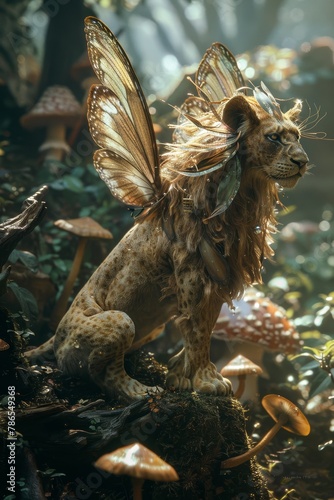 Fantasy creature, a lion with butterfly wings, roaming a mystical land with giant mushrooms and sparkling rivers