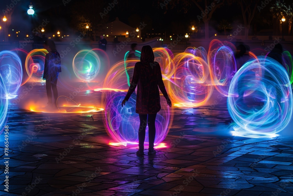 In a city park, fantasy statues animate at night, engaging visitors with games under magical lights