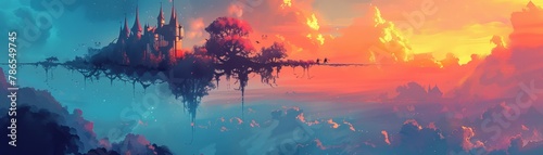 A floating castle tethered to earth by vines, mystical beings climb against a sunset backdrop