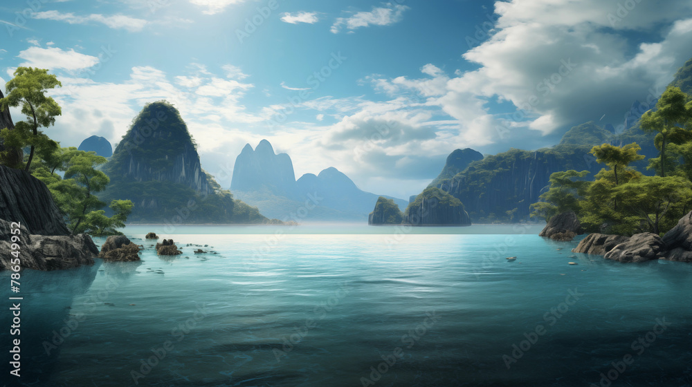 Obraz premium Sea, mountain, sky and boat wallpapers Created with Generative AI technology.