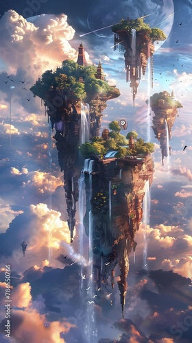 Mystical Floating Islands Adorned with Ancient Symbols Cascading into Ethereal Clouds of Wonder and Beauty