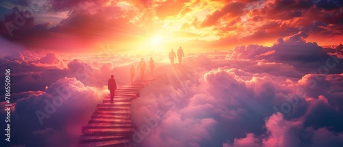 People climb a twisting staircase to reach the clouds against a sunset backdrop photo