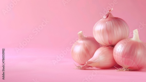 onions A photorealistic illustration against pastel pastel pink background with copy space for text or logo, beautifully illuminated by studio lighting © Cloudspit