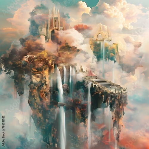 Surreal Dreamscape with Floating Islands,Waterfalls,and Hidden Portal to Another Dimension