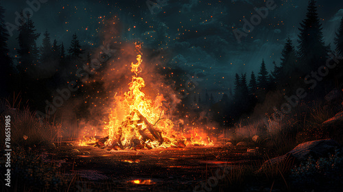 Bonfire or bonfire in the middle of the forest at night	
