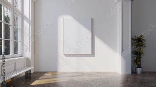 A minimalist art gallery with a single, striking empty frame, set against a backdrop of smooth, white walls.