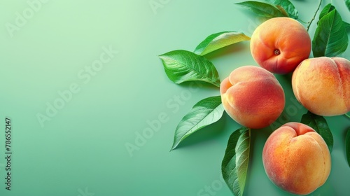 peaches A photorealistic illustration against pastel pastel green background with copy space for text or logo, beautifully illuminated by studio lighting 