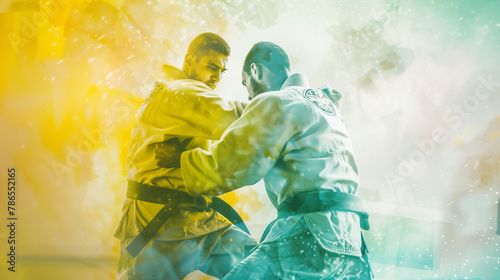 Two judo practitioners grappling in a yellow and teal haze.