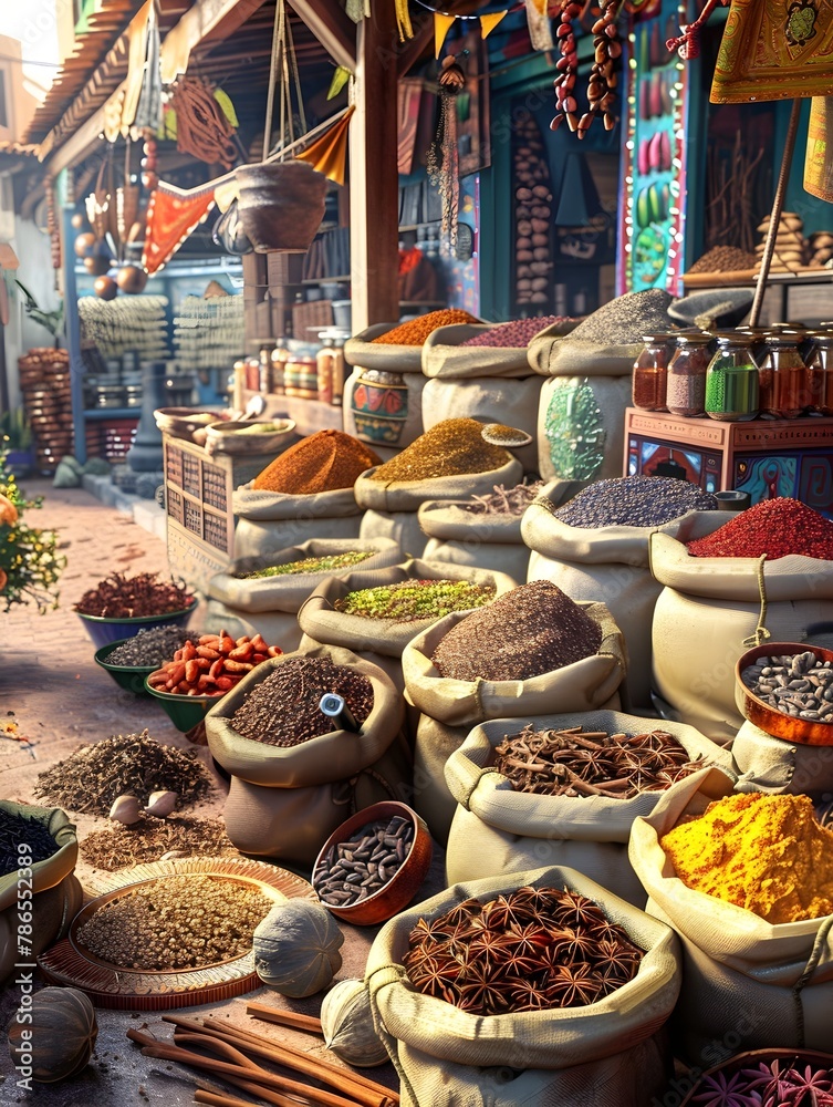 Vibrant Spice Marketplace Overflowing with Exotic Aromas,Textures,and Colors