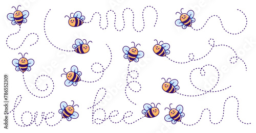 Cute cartoon happy flying bee character on dotted line route.  Vector illustration isolated on white background