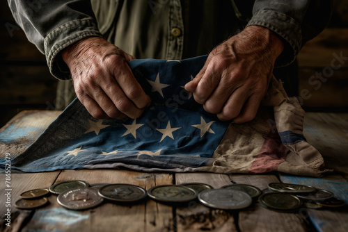 Close-up of a veteran's hands holding an aged and folded American flag, with medals and dog tags laid out on a wooden table in the foreground, Memorial Day, patriotic, with copy sp photo