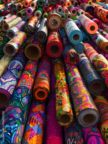 Vibrant Textile Market with Dazzling Array of Colorful Fabric Rolls Representing Global Fashion and Textile Trade